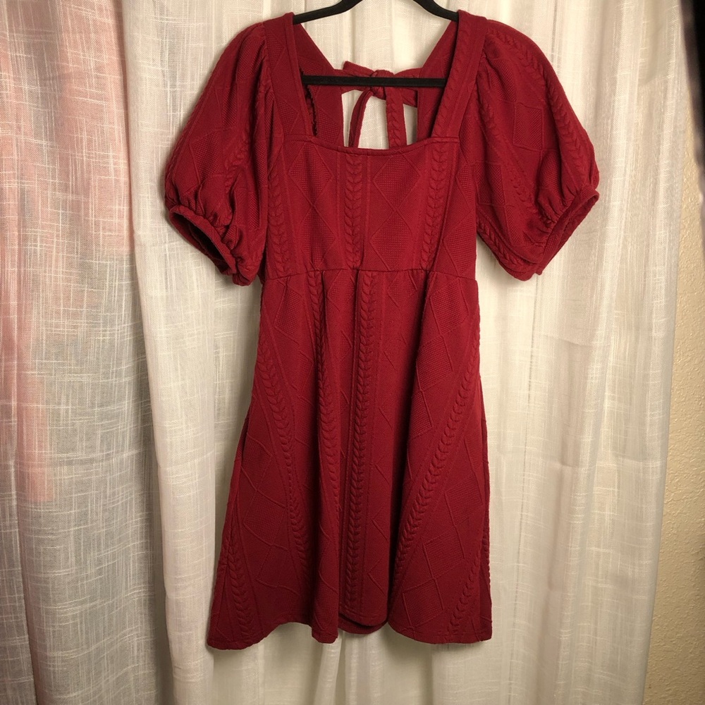 Women’s Mini Red Square-Neck Puff Sleeve Backless Dress